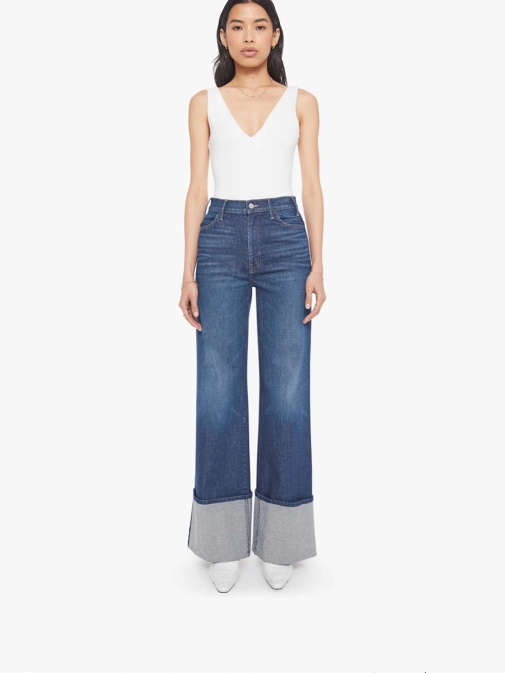 MOTHER High-Rise Wide-Leg Cuffed Dark Blue Jeans